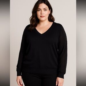 Adrianna Papell Women’s V-neck Pullover Black Textured Sleeves Sweater 2X